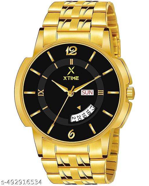 XTIME Analogue Day & Date Watch Round Black Dial & Gold Chain for Men's & Boys