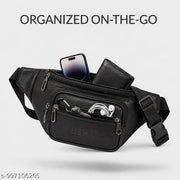 NEHX Premium Black Leatherette Waist Bag for Men & Women | Multipurpose Fanny Pack with 3 Zipper Compartments | Adjustable Belt Bag | Crossbody Chest Sling Bag for Travel, Running, Walking, Cycling, Hiking, Gym, Daily Use & Outdoor Activities