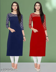 Polyster/Crepe fabric-Pack of 1 Casual And Round-Neck 3/4 Length Sleeves Navy Blue & Red Kurti (42"Inches)