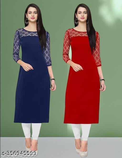 Polyster/Crepe fabric-Pack of 1 Casual And Round-Neck 3/4 Length Sleeves Navy Blue & Red Kurti (42"Inches)