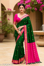 Paithani Cotton Silk Hathi White Tassels and Latkans Saree With Blouse