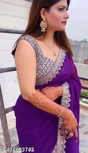Georgette Saree With Embroidered Blouse Piece ब्लाउज में वर्क एक साइड में मिलने वाला है
