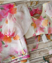 Bollywood White colour Floral Organza Saree With Fully Stiched Styles Blouse Upto 42 Size by KRADDLE