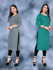 Plain Ethnic Pack of 2 American Regular Fit Kurta Round Neck New Stylish Casual Crepe Fabric Kurti For Women