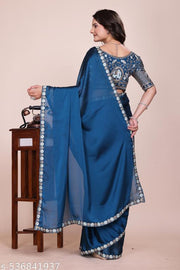 Women's Blue Heavy Embroidered Silk Saree with Cutwork Border & Figure Designer Blouse Piece