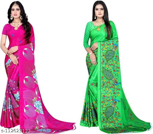 LEELAVATI Crepe Printed Daily / Party & Festive Wear Combo of 2 Stylist Fashionable Saree With Blouse pieces ( Pink , Green )