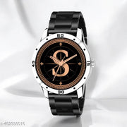 Natrix Analog Round Black Dial ALPHABET S Design Stylish Black Silicone Strap Classic Design Fancy Wrist Watch for Men and Boys, Pack of 1 - ALPHA-S-AVO-SIL-CDBLK