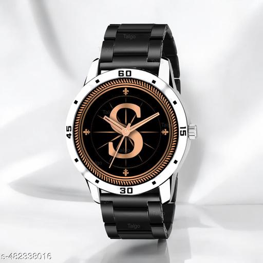 Natrix Analog Round Black Dial ALPHABET S Design Stylish Black Silicone Strap Classic Design Fancy Wrist Watch for Men and Boys, Pack of 1 - ALPHA-S-AVO-SIL-CDBLK