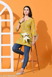 Womens Printed Pure Cotton Kurti in Yellow