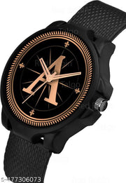 Welix Analog Round Black Dial ALPHABET A Design Stylish Black Silicone Strap Classic Design Fancy Wrist Watch for Men and Boys, Pack of 1 - ALPHA-A-3K-BLK-SFR
