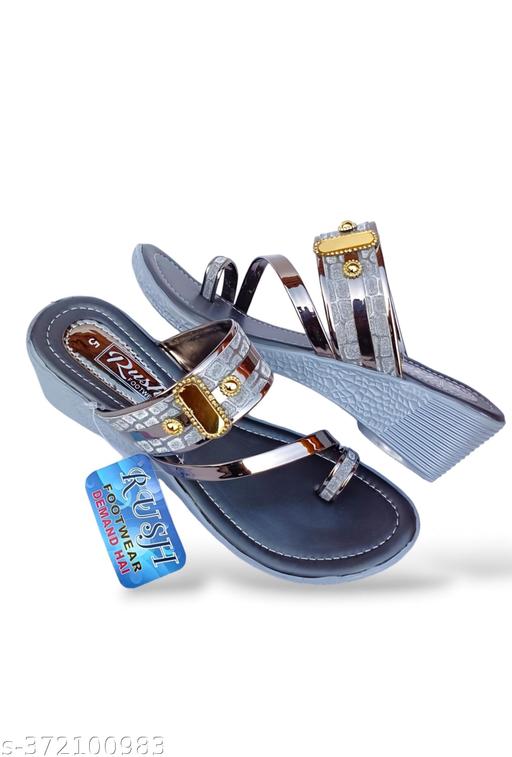 Rush Stylish Grey Wedge Heel Sandals for Women Elegant Grey Partywear Sandals with Golden Buckle Trendy Grey Slip-On Wedges for Women Rush Footwear Grey Designer Wedges for Daily & Festive Wear Women's Fancy Grey Heeled Sandals by Rush fashion.