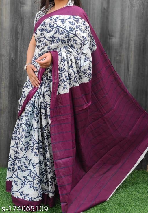 New Latest Pure Cotton MULMUL Saree Hand Block Prinred, Mulmul Cotton, Hand Printed, Handloom Bagru Print Saree in Multicolour