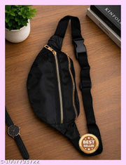 Premium Black Nylon Sling Bag | Waterproof Crossbody Chest Bag with Dual Gold Zippers & Adjustable Strap