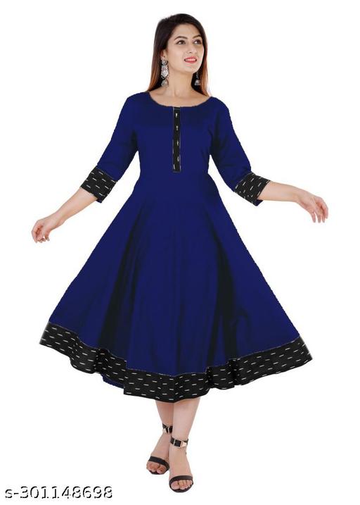 HF HOLYDAY FASHION Cotton Plain and Solid Printed Black Border Anarkali Style Kurti Kurta For Women Latest Design Ladies Dresses Top Round Neck Flared Stylish Party Wear Readymade Frock Fancy Girls Dress 3/4 Sleeve Knee Length Casual Kurtis