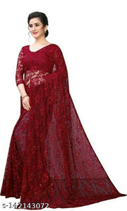 Brasso Net Maroon Saree With Blouse