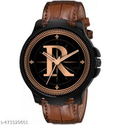 Prathshya Analog Round Black Dial ALPHABET R Design Stylish Brown Leather Strap Classic Design Fancy Wrist Watch for Men and Boys, Pack of 1 - ALPHA-R-3K-BLK-DBRW-CRL