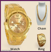 Rosra Golden  Formal Watch For Men's Ring +Chain Free (MOR RING+ CHAIN) For Boys