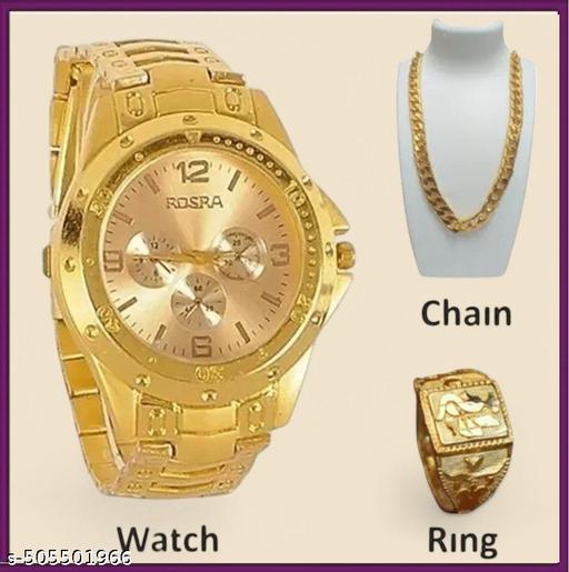 Rosra Golden  Formal Watch For Men's Ring +Chain Free (MOR RING+ CHAIN) For Boys