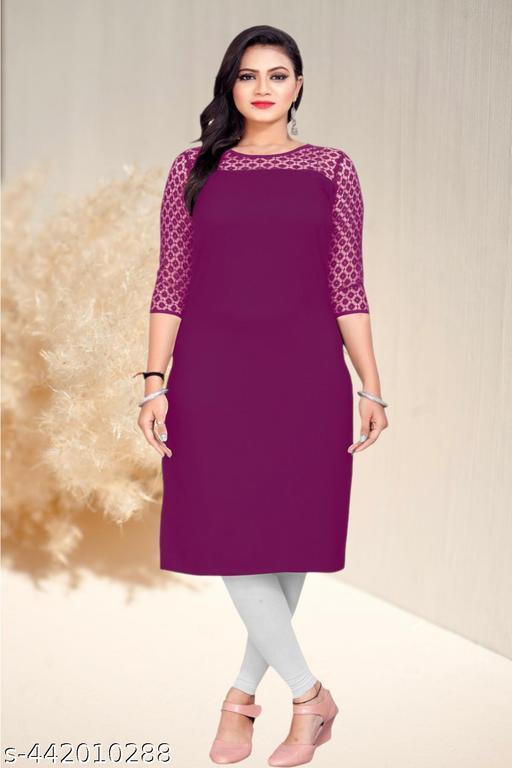 Casual American Crepe And Net Round-Neck 3/4 Length Sleeve Purple Kurti (45"Inches)