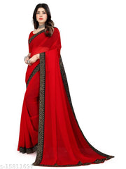 Rovilo Fashion Women's Georgette Hot-Fix Daimod Woven Party Wedding Saree Red Color
