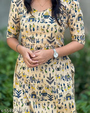 Beige Ethnic Printed Rayon Kurti for Women | Traditional Warli Art Design | Daily Wear & Office Wear