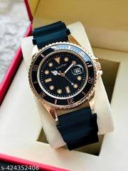 Day and Date Two-Tone Black and Rose Gold Unique Genuine Silicon Strap New Analog Watch - For Men