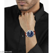 Listen Day & Date Function Watch With Blue & Silver Dial, Brown Leather Strap Analog Watch - For Men