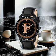 Femeo  Analog 9109 Watches Round Black Dial F Design Stylish Black Leather Strap Classic Design Fancy Wrist Watch for Men and Boys, Pack of 1 - A07ZALPHA-F-AVO-BLK-L