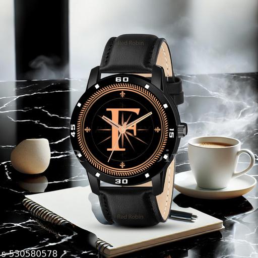 Femeo  Analog 9109 Watches Round Black Dial F Design Stylish Black Leather Strap Classic Design Fancy Wrist Watch for Men and Boys, Pack of 1 - A07ZALPHA-F-AVO-BLK-L