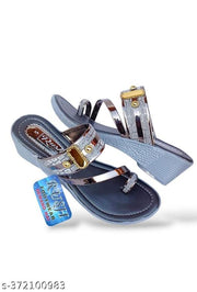 Rush Stylish Grey Wedge Heel Sandals for Women Elegant Grey Partywear Sandals with Golden Buckle Trendy Grey Slip-On Wedges for Women Rush Footwear Grey Designer Wedges for Daily & Festive Wear Women's Fancy Grey Heeled Sandals by Rush fashion.