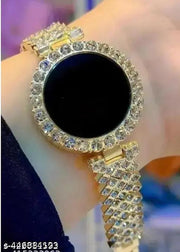 AMIGOS- Women's Round Luxury Crystal Rhinestone Diamond Stainless Steel Iced Out digital Watch with Japan Quartz Movement (Gold)