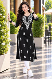Vedant  Womens Hand Embroidered Lucknowi Chikankari Rayon Kurta-Black