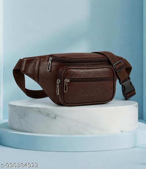 NEHX Premium Brown Leather Waist Bag for Men & Women, Multi Pocket Crossbody Sling Bag with Adjustable Strap, Waterproof Travel Belt Bag, Chest Bag, Fanny Pack for Daily Use, Office, Outdoor, Walking, Cycling & Travel