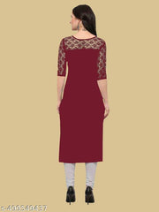 Casual American Crepe And Net Round-Neck 3/4 Length Sleeve Maroon Kurti (45"Inches)