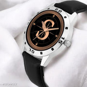 Welix Analog Round Black Dial ALPHABET S Design Stylish Black Leather Strap Classic Design Fancy Wrist Watch for Men and Boys, Pack of 1 - ALPHA-S-AVO-SIL-BLK-L