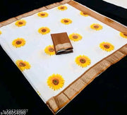 Cotton Linen White Flower Print Saree Designer Bollywood Partywear Wedding Traditional Latest Trends Sari