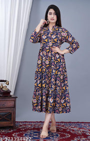 Women's Stylish Full Flair Anrakali Rayon Jaipur printed  Blue Kurta