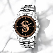 Natrix Analog Round Black Dial ALPHABET S Design Stylish Silver Stainless Steel Strap Classic Design Fancy Wrist Watch for Men and Boys, Pack of 1 - ALPHA-S-AVO-SIL-STL