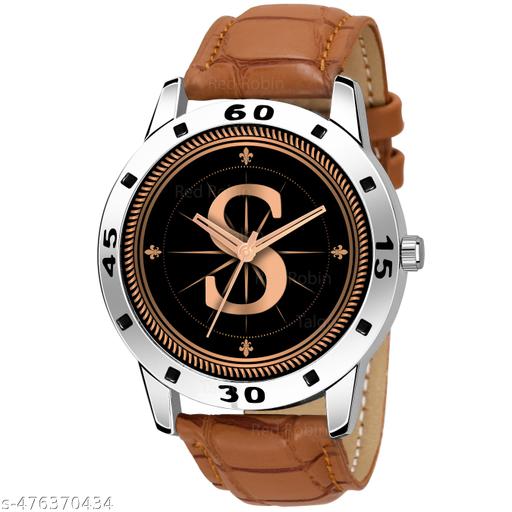 Welix Analog Round Black Dial ALPHABET S Design Stylish Beige Leather Strap Classic Design Fancy Wrist Watch for Men and Boys, Pack of 1 - ALPHA-S-AVO-SIL-TAN-CRL