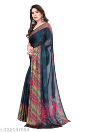 Women's Stylish Traditional Saree with Intricate Floral and Stripe Motifs