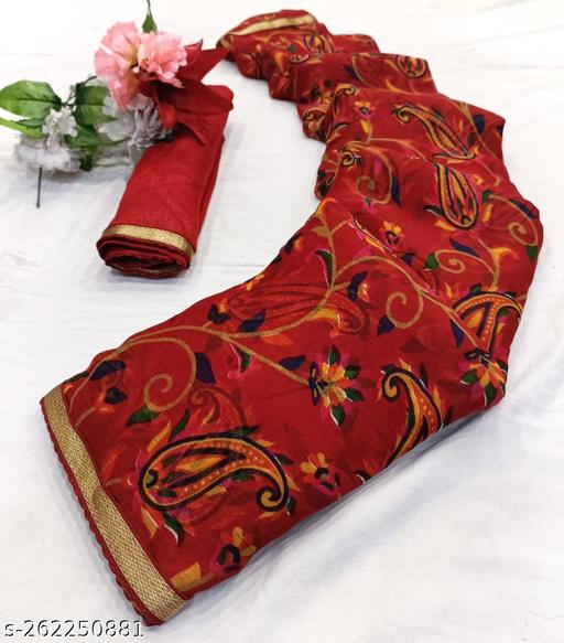 Daily wear chiffon floral printed saree Red | daily wear printed saree | orange georgette saree | printed georgette sarees | casual saree for women | Bollywood georgette sarees | Georgette Multicolor Lace border Saree With Blouse