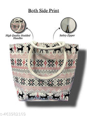 Charming Canvas Bag with Red Deer Print & Studded Handle – Trendy & Functional