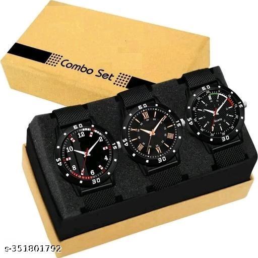 Pack Of 3 Black Designer Professional PU Analog Watch