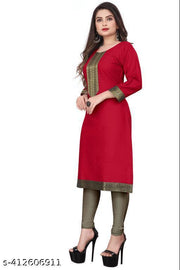 Yova Style Plain Regular Use Cotton Straight Golden Zari Border Woven Lace Work Kurta Kurti for Women