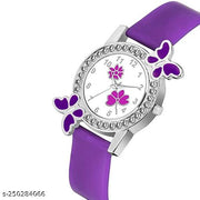 Analogue Butterfly Dimond Studded Flower Design Dial PU Strap Analog Girl's and Women's Watch