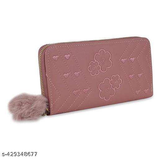 Purse Clutch Wallet for Women - PU Leather Single Zip Card Coin Holder Long Pom Pom