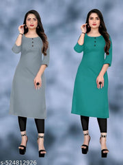 Plain Ethnic Pack of 2 American Regular Fit Kurta Round Neck New Stylish Casual Crepe Fabric Kurti For Women