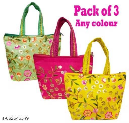 Pooja Bag / Pooja Handbag / Floral Embroidered Pooja Bag / Ethnic Designer Pooja Handbag / Return Gift Bag / Sherwani Bag / Festival & Wedding Utility Bag / Random Colour / Pack of 3