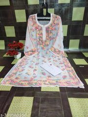 New & Fashionable Womens Handwork Chikankari Embroidered Georgette fabric Beautiful butterfly design Plus Size kurti with cotton inner.