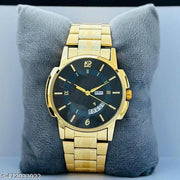 Latest Design Men's Watches Day-Date Black Dial & Original Gold Plated Adjustable Bracelet Quartz Analog Watch - For Men